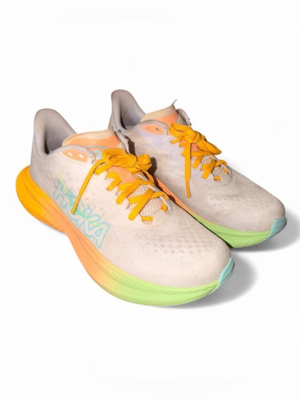 Hoka White Running Shoes with Orange and Lime Accents